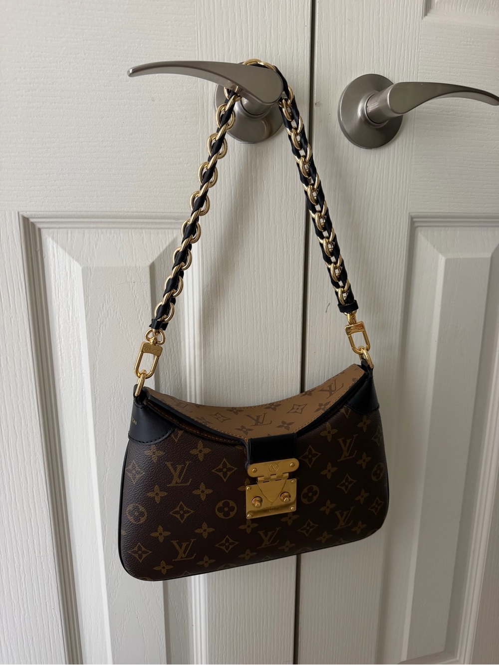 Louis Vuitton Brown Monogram Shoulder Pochette with Black Trim & Gold Hardware